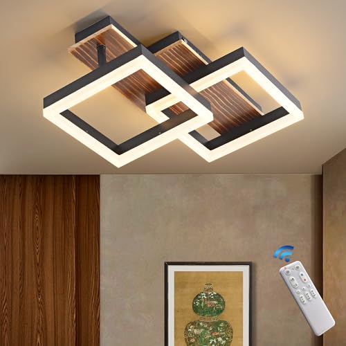 Meloweel LED Deckenlampe Holz dimmbar, Drehbar 350&deg;, Massivholz Schwarz Vintage Deckenleuchte, 28W 40cm 2800lm 3000K-6000K mit Fernbedienung Schlafzimmerlampe, Memory-Funktion, 3W Nachtlicht