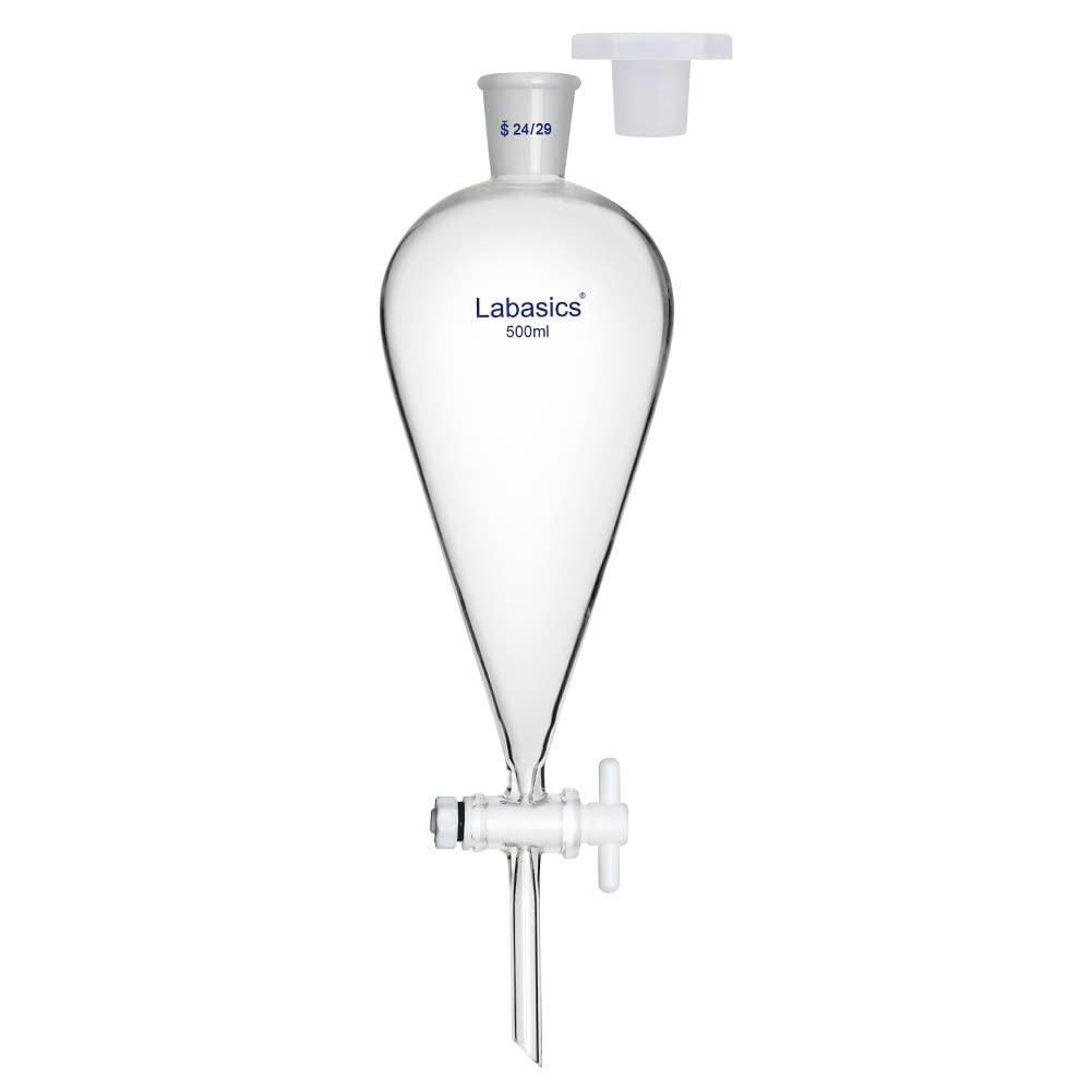 Labasics Vidrio Borosilicato 500 ml Embudo Separador Cónico de Pared Pesada con Juntas 24/29 y Llave de Paso de PTFE