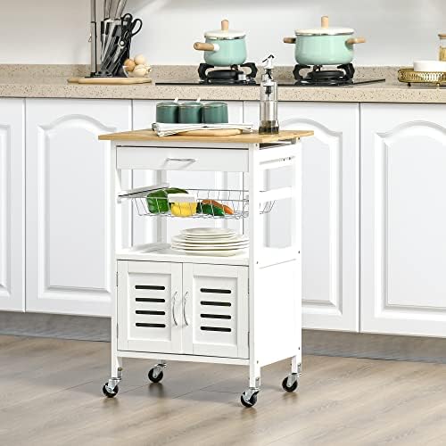 HOMCOM Rolling Kitchen Island Trolley Utility Cart on Wheels with Bamboo Table Top, Storage Cabinet, Drawer and Wire Basket
