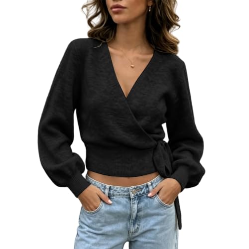 Aniywn Wrap Sweater For Women Cropped Knit Pullover V Neck Tie Waist Top - image 2