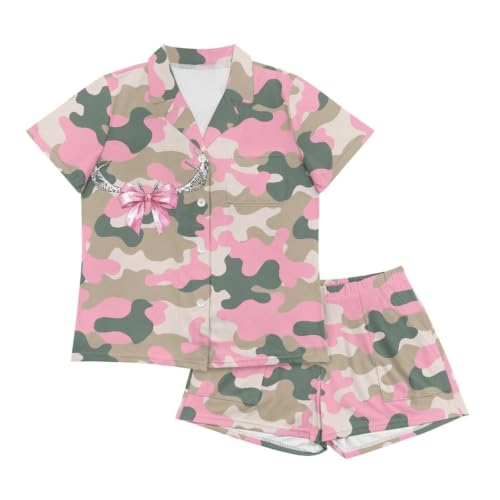 Image of Renewold Button Down Womens Pajama Set Short Sleeve Loungewear Bow Nightwear Sleepwear Night Suit Tops Shorts 2 Pieces