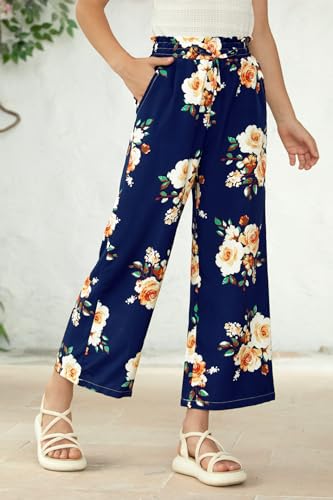 Image of Girls Summer Floral Wide Leg Pants High Waisted Flowy Dress Trousers with Pockets for School Lounge Beach 5-14 Years