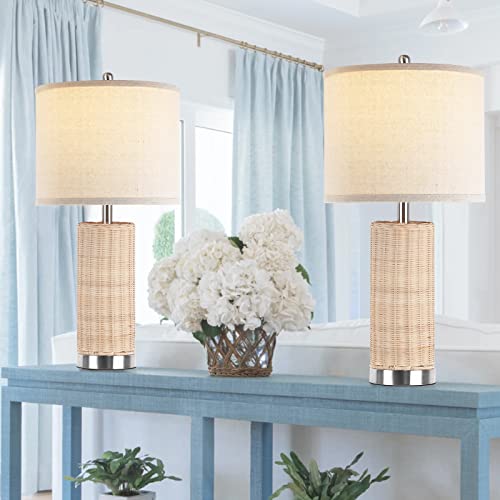 Beige Woven Rattan Table Lamps Set Of 2 Ivory Coastal Rustic Natural Wicker Nightstand Lamps For Bedroom Beach Bedside Lamps With Lampshades For Living Room #TOP6