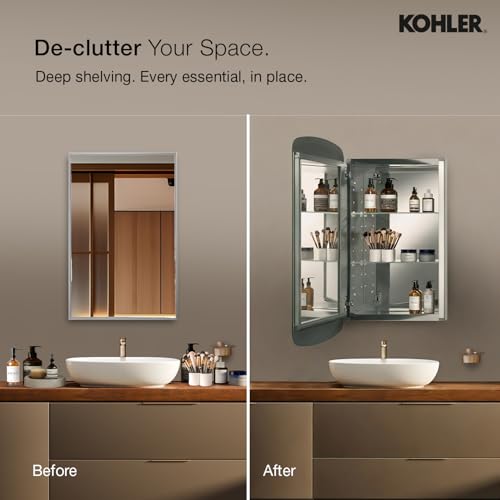 Image of Kohler Bancroft Rectangle Bathroom Mirror Cabinet | Wall Mounted HD Mirror | Rust-Free | Soft Close Hinges, Adjustable Shelves | Sleek Storage for Modern Bathrooms | 3 Years Warranty, 508 x 805 mm