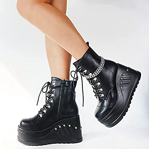 Erocalli Platform Goth Boots For Women Wedges Heels Mid Calf Boots Gothic Combat Motorcycle Riding Boots With Lace Up #TOP6