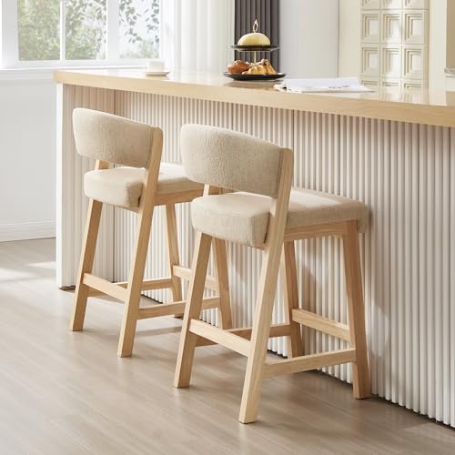 Image of Zesthouse Wooden Counter Height Stools Set of 2, Mid Century Kitchen Bar Stools with Back & Raw Solid Wood Legs, Farmhouse Upholstered Barstools for Kitchen Island, Beige Linen Counter Hieght Chairs