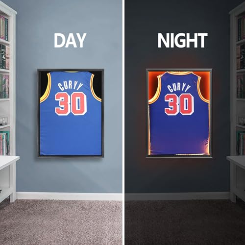 Image of Jersey Frame Display Case with LED , Sports Jersey Frame Lockable Shadow Box with UV Protection Acrylic and Metal Hanger for Baseball Basketball Football Shirt, Black