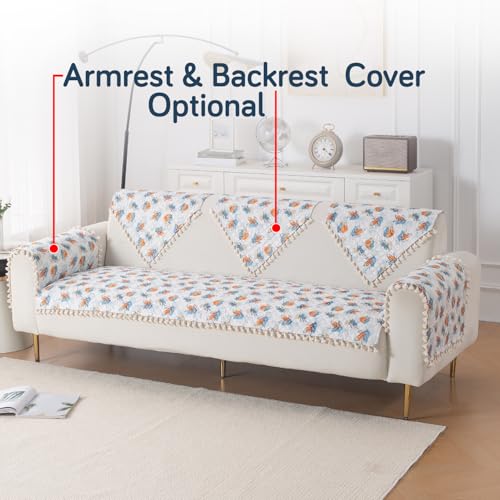 Image of HOKIPO Abstract Petals Quilted Sofa Cover 5 Seater Set with Tassels - Washable 3+2 Sofa Cover Mat |'Tassel Twigs' Series (IN-985-T10 + IN-983-T10)