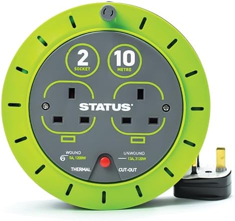 STATUS 2 Socket Cable Reel,10m Green Outdoor Extension Lead, Heavy Duty, 13 Amp, Thermal Cut Out Overload Protection, Ideal for Garden Power Tools,DIY Use, Workshop (S13A10MCR3)