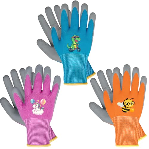 BIOECEUA 3 Pairs Kids Gardening Gloves for Age 5-7 Children Rubber Coated Garden Work Gloves Grippy Breathable Yard Work Fit Toddler Boys Girls