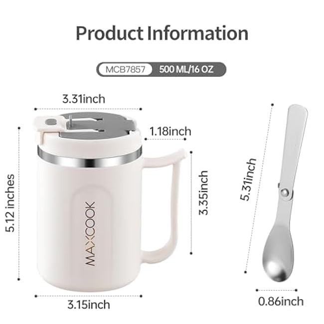 16 oz Coffee Mug With Lid 18/8 Stainless Steel Reusable Insulated Coffee Travel Mug With Foldable Spoon Grey Lid
