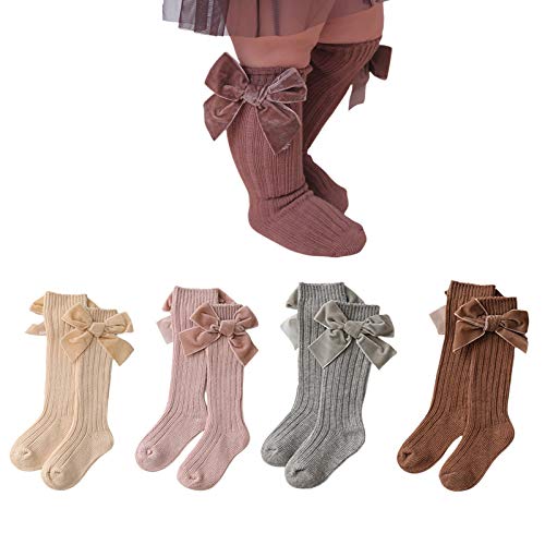 4 Pair Baby Girls Cute Bow Uniform Knee High Socks Tube Ruffled Stockings Infants and Toddlers (4 colors in one package,0-12 Months)