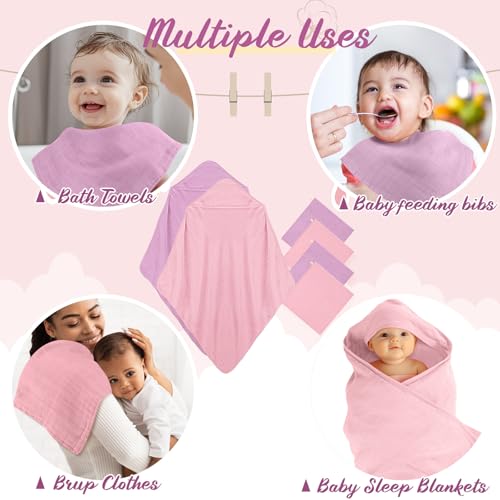 Image of Preboun 6 Pcs Muslin Hooded Baby Towels and Washcloths 32 inchx 32 inch Cotton Newborn Bath Towel Anti-Shrink Infant Baby Blankets with Hood 12 inchx 12 inch Washcloths for Girl Boy Toddler(Light Pink,Purple)