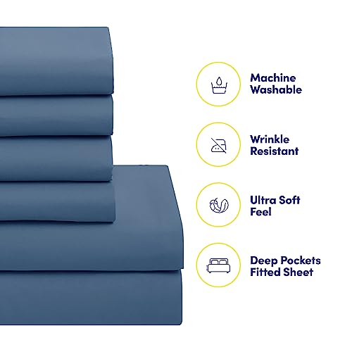 Sweet Home Collection 7 Piece Comforter Set Bag Solid Color All Season Soft Down Alternative Blanket & Luxurious Microfiber Bed Sheets, Denim, King