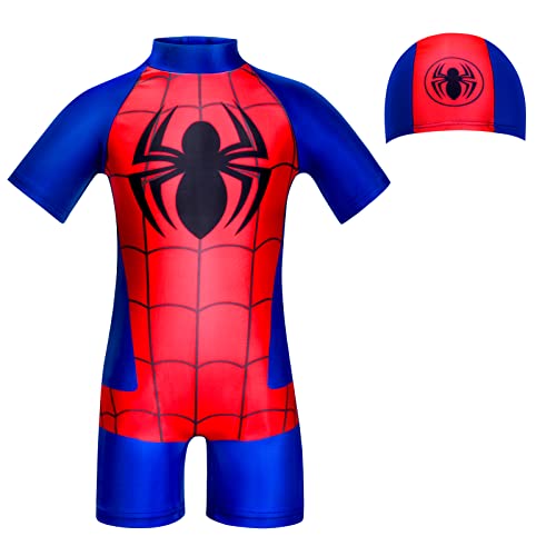 URAQT Boys Swimming Costume, Kids One Piece Short Sleeve Swimwear with Swimming Cap, Kids Cartoon UV Protection Swimsuit Child Rash Guard Bathing Suit, Kids Swim Set for 3-9 Years
