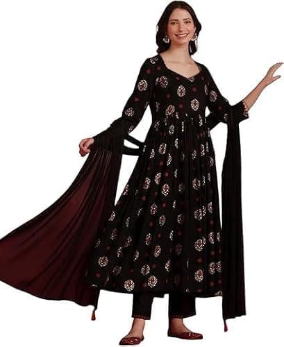 Women's Black Rayon Printed Anarkali Kurta with Palazzo & Dupatta
