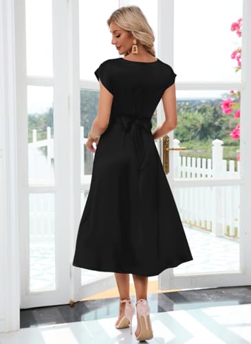 Image of Women's Summer Satin Dress Elegant A-Line Cap Sleeves Tie Waist Flowy Midi Dress Cocktail Wedding Guest Dress