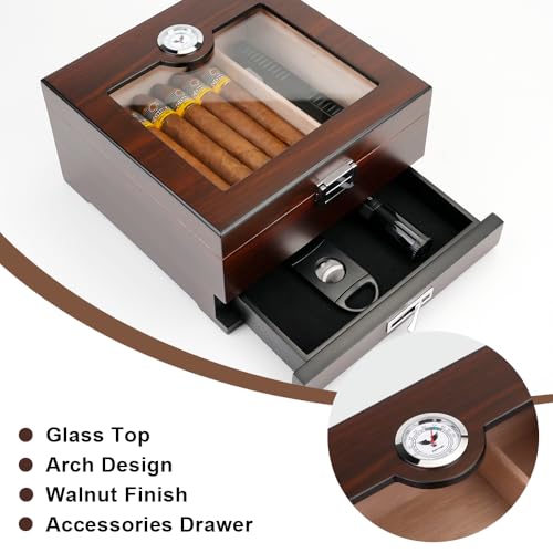 Bald Eagle Cigar Humidor, Handmade Box with Humidifier Hygrometer, Cedar Wood Glass Top Case with Accessories Drawer, Hold 30-35 Cigars - Image 3