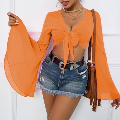 Mesh Tops for Women Bell Sleeve Rave Outfits Tie Front Crop Top Long Sleeve Shirt Sheer Blouse Festival3
