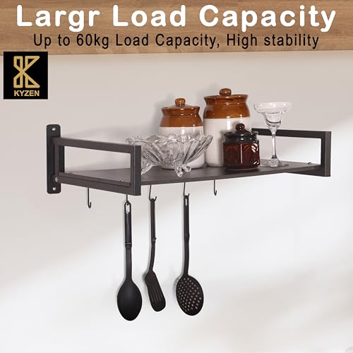 Image of KYZEN Deluxe Wall Mount Microwave Oven Stand with Pot Rack, 5 Hooks & Storage Container | Heavy-Duty Shelf for Microwave, OTG, Air Fryer, Grinder & Kitchen Organization (Black) Appliances WM Delux B