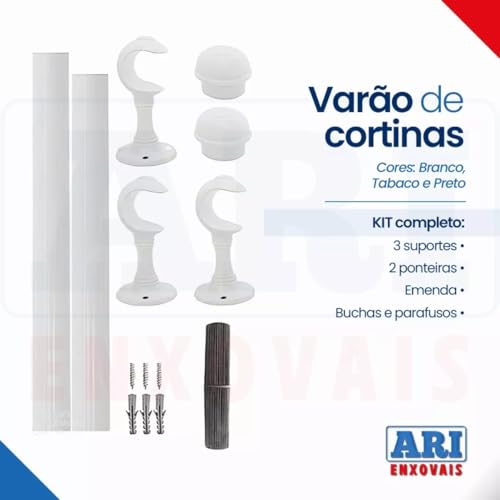 Kit Varão Simples 3 Metros 19mm Fino Para Cortina Com Conjunto de Instalação
