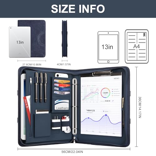 Image of Leathario Portfolio Binder, Includes 5 Folder Index Dividers, 13 Inch Tablets Organizer with Handle, Vegan Leather A4 Padfolio, Multi-Pocket Notepad Business Planner Professional Document