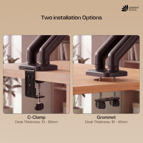Image of Green Soul Dual Monitor Gas Spring Stand|Fits 13-32 inch Screen|9Kg Weight Capacity|Height Adjustable Desk Mount, VESA Plate, Grommet & C-Clamp Base|Monitor Riser for Desk|Tilt, Swivel & Rotation|Black
