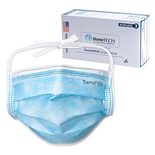 demetech made in the usa astm level 3 protective 3-layer face mask horizontal tie style adult size