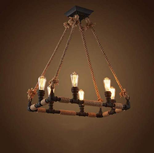 Lustre industriel vintage en tuyau de fer forgé et corde de chanvre GZ