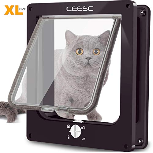 CEESC Aleta grande para gatos (tamaño exterior 29,5 x 24,5 cm), puerta giratoria para mascotas con bloqueo de 4 vías para gatos y perritos con circunferencia <63 cm, versión mejorada