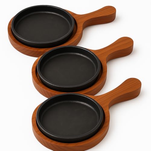 Image of REMARKABLE Iron Sizzler Plate with Wooden Base | Small Dessert Round Serving Platter with Handles | Brownie Sizzler Tray for Cake | Sizzling Brownie Plate |Hot Sizzling Plate | 5 inch Qtr. Size |Set of 3