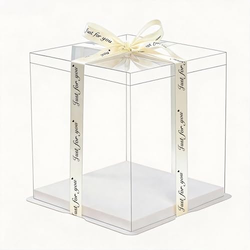 5-Pack 12-Inch Large Square Cake Box (12'x12'x11' inch) | Elegant Clear Display with Silk Ribbon Grand Gift Presentation for Tiered Cakes, Special Occasions, and Weddings