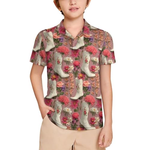 Boys' Classic Polo Shirts Short Sleeve Moisture-Wicking Golf & Tennis Shirts for Youth Teens Western Cowboy Boots Flowers