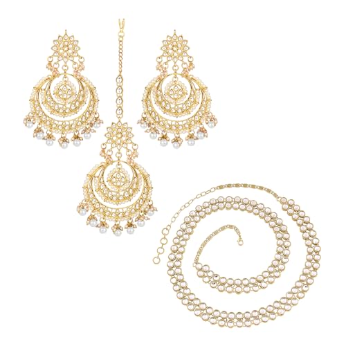 Image of Peora Traditional Jewellery Rhodium Kundan & Pearl Maang Tikka Earring Set for Women Girls