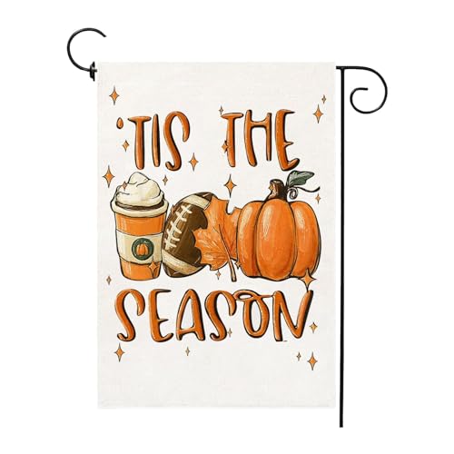 Fall Garden Flag Tis The Season Double Sided Foootball Pumpkin Burlap Flag Outside Vertical Spice Latte Holiday Farmhouse Leaf Outdoor Yard Decor (Fall:12.5"x18)
