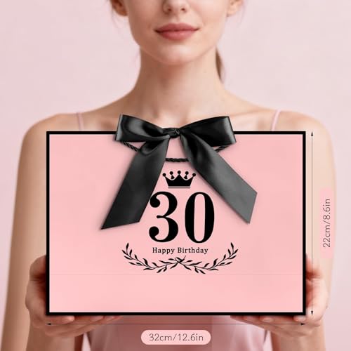 Image of JMANNI 30th Birthday Gift Bag, Pink with Black Satin Bow & Crown Design, Medium Happy 30th Birthday Present Bag for Party Favors, Size 12.60 inchx8.66 inchx4.33 inch