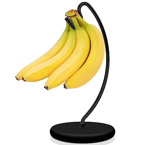 Niceyos Soporte para plátanos, moderno colgador patentado para plátanos con base de madera de acero inoxidable para encimera de cocina (negro completo)