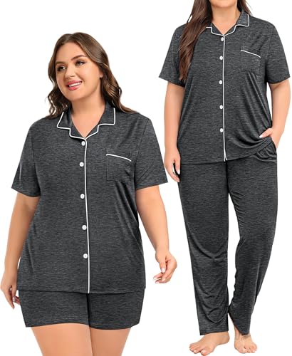 Image of SWOMOG Women's Plus Size Pajama Set Short Sleeve Sleepwear Top and Pants Button Up Pajamas for Women Loungewear