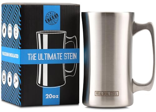 Real Deal Steel Stainless Steel Insulated Beer Mug Vacuum Beer Stein with Welded Handle - 20oz Total Capacity - Large Metal Tankard for IPA, Coffee - Double Walled Mug