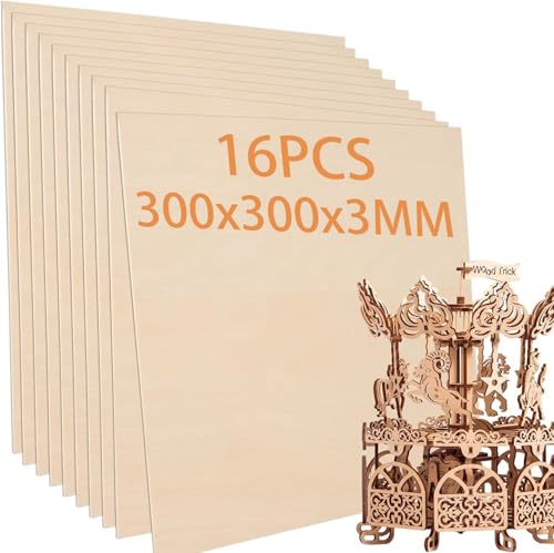 SHUESS Lot de 16 panneaux de contreplaqué - 300 x 300 x 3 mm - Pour travaux manuels, contreplaqué, bois de tilleul non traité, aggloméré pour bricolage, modélisme, gravure laser, peinture, art