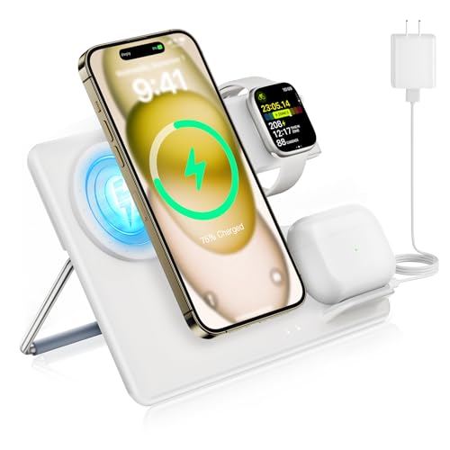 Wireless Charger Station for Apple Mag-Safe: JoyGeek 3 in 1 Magnetic Charging Stand Foldable for iPhone 15 14 13 12 Pro Max Plus - Apple Watch 9 8 7 6 5 4 SE - AirPods Pro 2/3