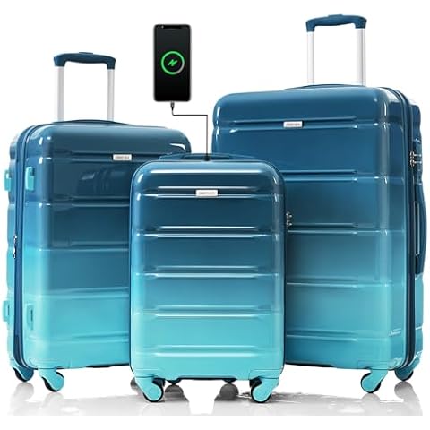 Merax 3 Piece Suitcase Luggage Sets with Cup Holder, ABS with TSA Lock and USB Port, Gradient Lake Blue, 20/24/28 Inch Cover
