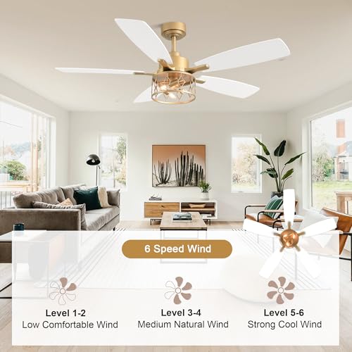 Image of 52 Inch White and Gold Ceiling Fan with Lights Modern Fandelier | Industrial Caged Fandalier, Farmhouse Rustic Chandelier Light for Living Room Bedroom, Reversible 6 Speeds, Remote Control