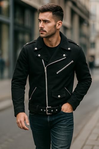 Image of Summer Lightweight Canvas Cotton Jacket Men - Punk Gothic Brando Biker Coat Classic Rock Streetwear Belted Jacket