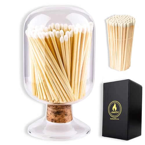 Includes Matches | Decorative Glass Matches Cloche | Bottle Jar Fireplace Candle Match Holder Gift Set (White)