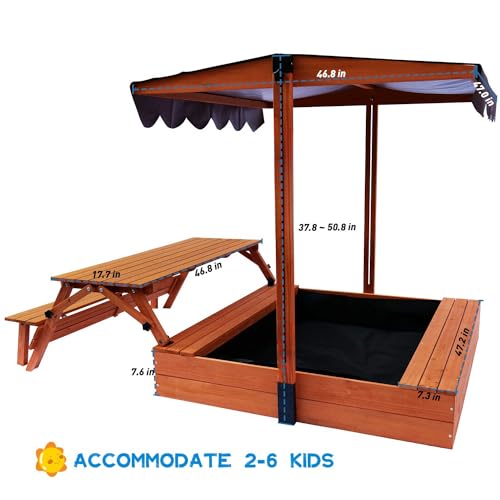 FunXplore Sand Box Kids Sandbox Outdoor with Lid Cover Canopy for Aged 3-8 Years Old, Foldbale Picnic Table Sand Pit