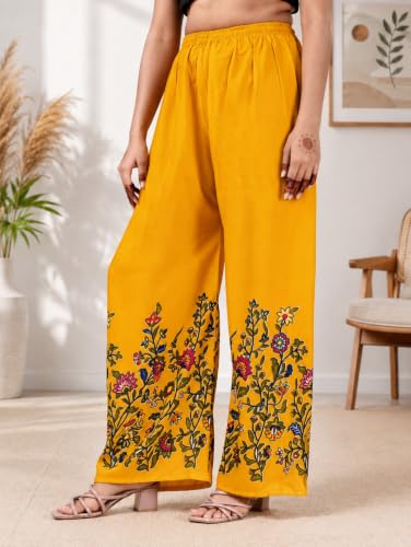Image of Women's Rayon Bird Flower Print Loose fit Palazzos Pants Free Size 28 to 40