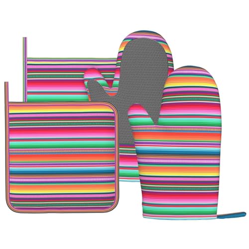 DYCBNESS Mexican Colorful Stripe Oven Mitts Pot Holders Set Silicone Vertical Lines Bright Colors Kitchen Oven Mitts Heat Resistant Potholders Non-Slip 4pcs Hot Pads and Oven Gloves Sets for BBQ