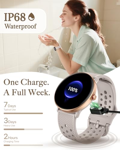 Image of Smart Watch for Women Men, for Android iOS with Sleep & Calorie Monitor, Pedometer Fitness Tracker, Bluetooth Call, IP68 Waterproof, 112+ Sport Modes Round Face Smartwatch (Gold-Gray)