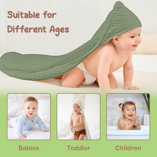 Image of 100% Organic Cotton Muslin Baby Hooded Towel, 32 x 32 in, Deep Green & Floral, 2 Pack, Soft Absorbent 4-Layer Hooded Bath Towel for Newborns & Toddlers, Oeko-TEX